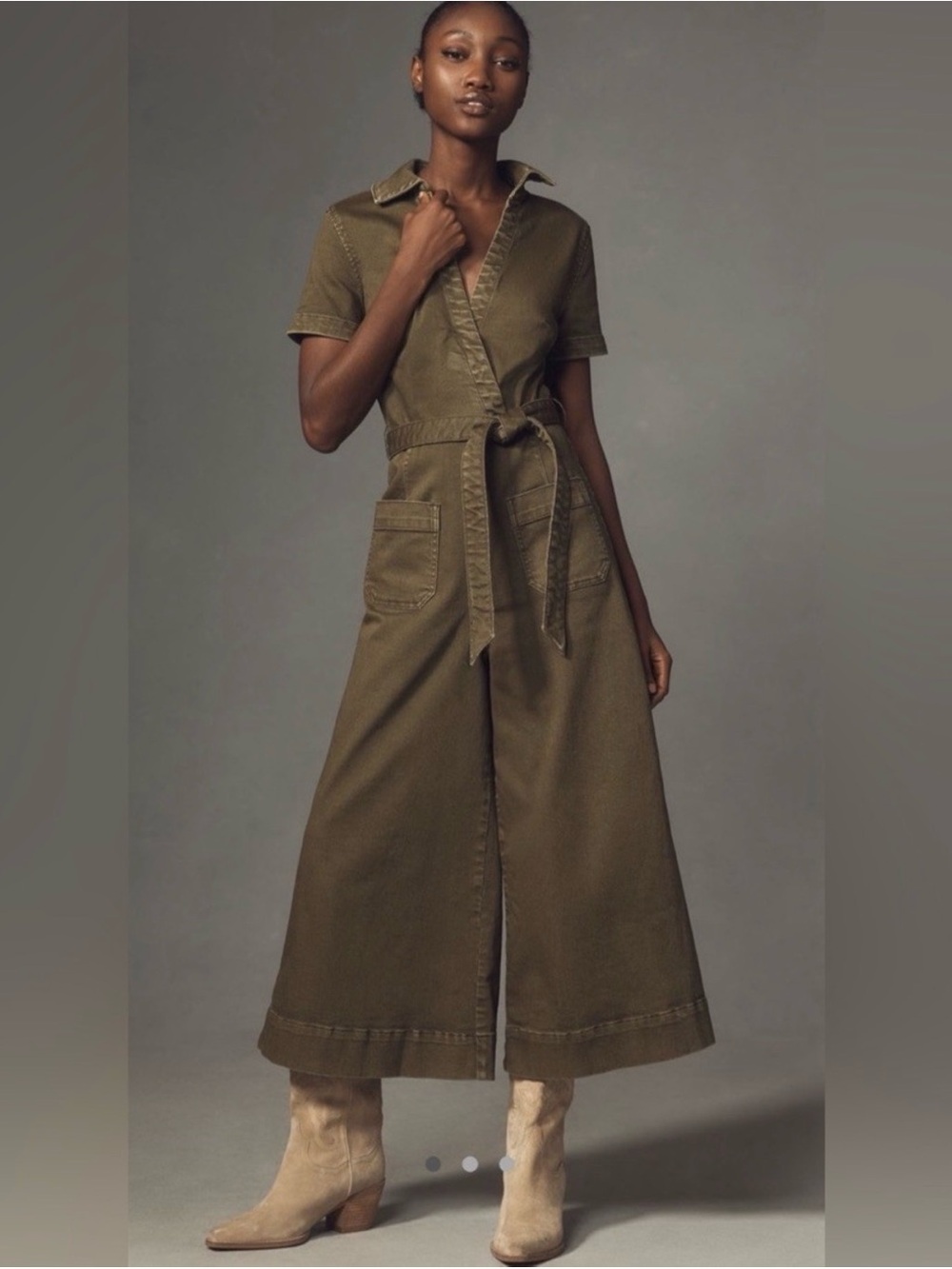 Maeve Olive Utility Wide-Leg Tie-Waist Jumpsuit